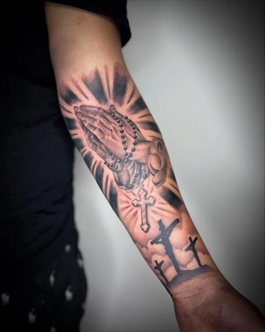 Big Black and Grey Praying Hands Crosses Tattoo on Men Arm by @zhentats2