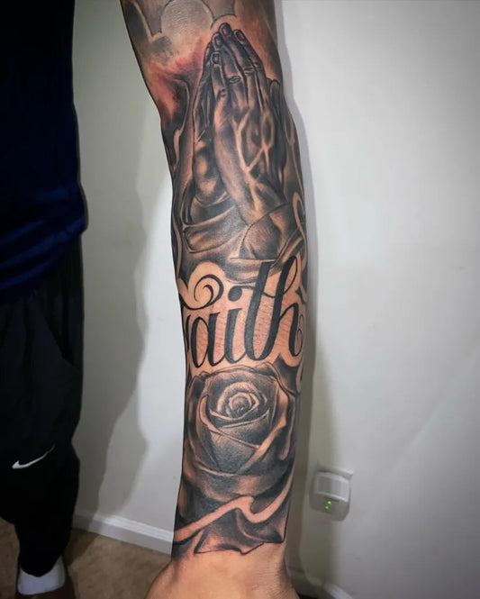Big Black and Grey Praying Hands Faith Rose Tattoo on Men Arm by @zhentats2