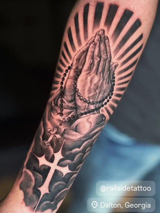 Big Black and Grey Praying Hands Rosary Cross Tattoo on Men Arm by @gees_arte