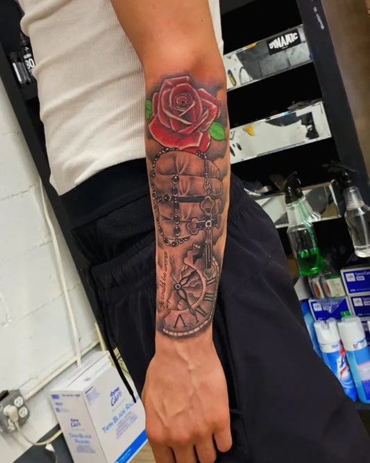 Big Black and Grey Praying Hands Rose and Compass Men Arm by @8balltattoo