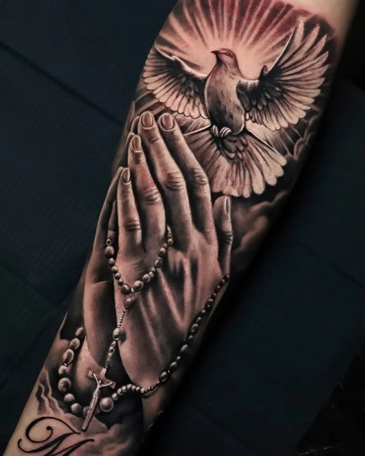 Big Black and Grey Praying Hands with Dove and Rosary Tattoo on Men Arm by @tattoorobertosilva