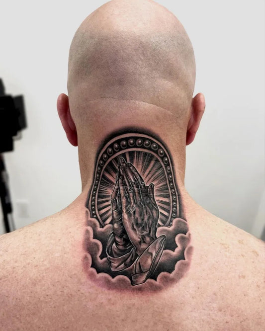 Big Black and Grey Praying Hands with Halo and Clouds Tattoo on Men Neck by @martin.misfits