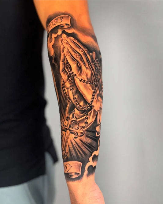 Big Black and Grey Praying Hands with Rosary and Cross Tattoo on Men Arm by @pee_dub_89