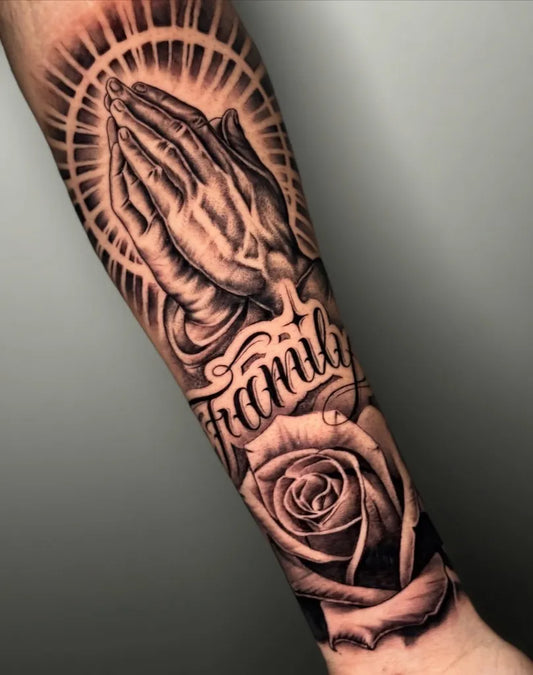 Big Black and Grey Praying Hands with Rose and Familia Tattoo on Men Arm by @inkbyry