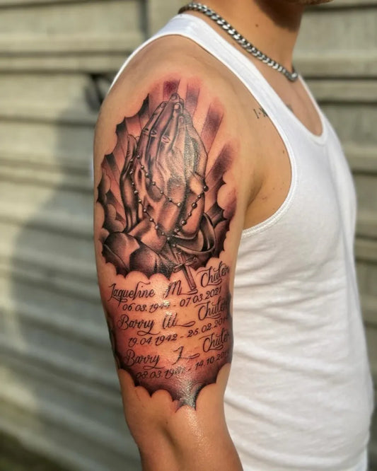 Big Black and Grey Praying Hands with Rose and Script Men Arm by @lukedavistattoo
