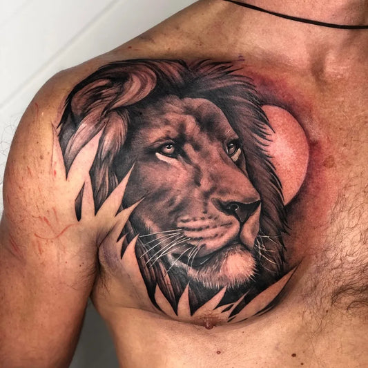 Big Black and Grey Profile Lion with Full Moon Men Shoulder by @_thelineandtheshade_