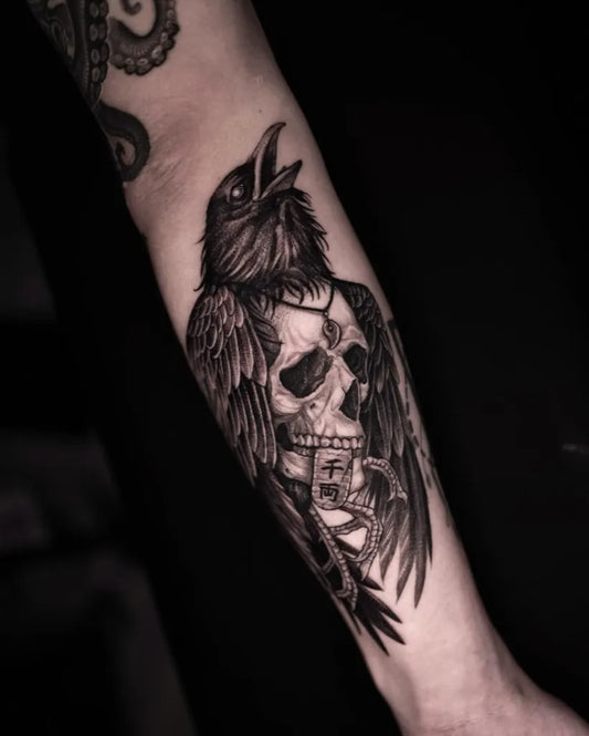Big Black and Grey Raven Skull on Men Arm Tattoo by @ct2_ink