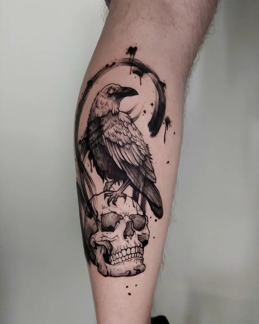 Big Black and Grey Raven and Skull on Men Leg Tattoo by @taro_tattoo_