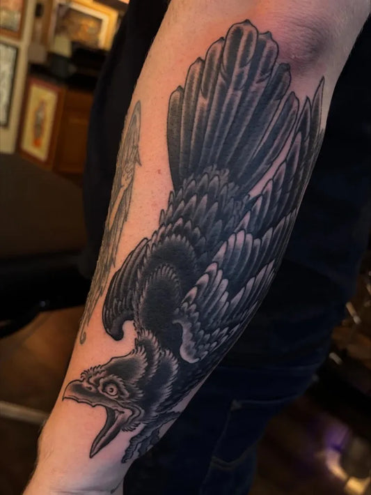 Big Black and Grey Raven on Men Arm Tattoo by @elijahcole