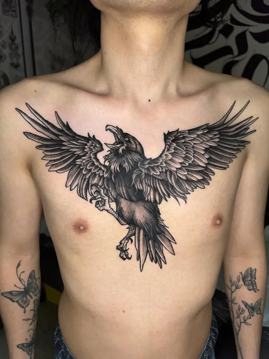 Big Black and Grey Raven on Men Chest Tattoo by @taro_tattoo_