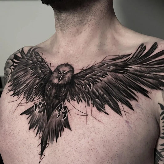 Big Black and Grey Raven on Men Chest Tattoo by @vlad_msd