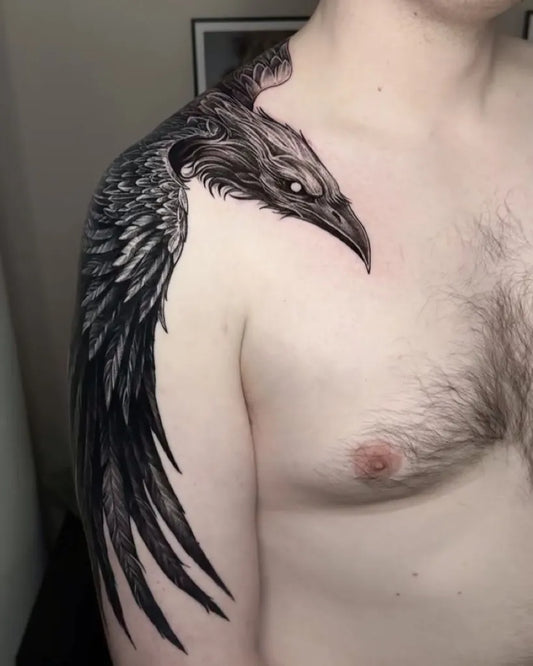 Big Black and Grey Raven on Men Shoulder Tattoo by @julianmoth_
