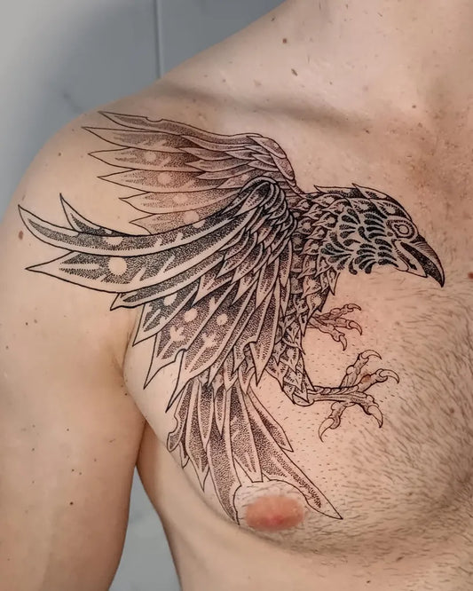 Big Black and Grey Raven on Men Shoulder Tattoo by @northernash_tattoo