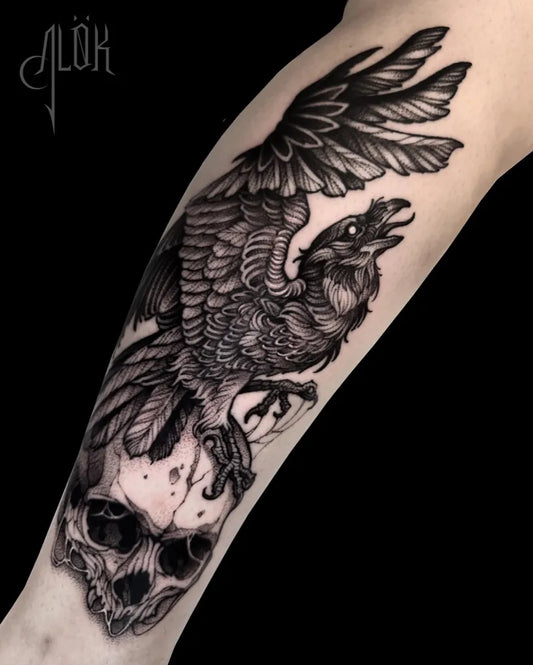 Big Black and Grey Raven with Skull on Men Arm Tattoo by @carinaalok