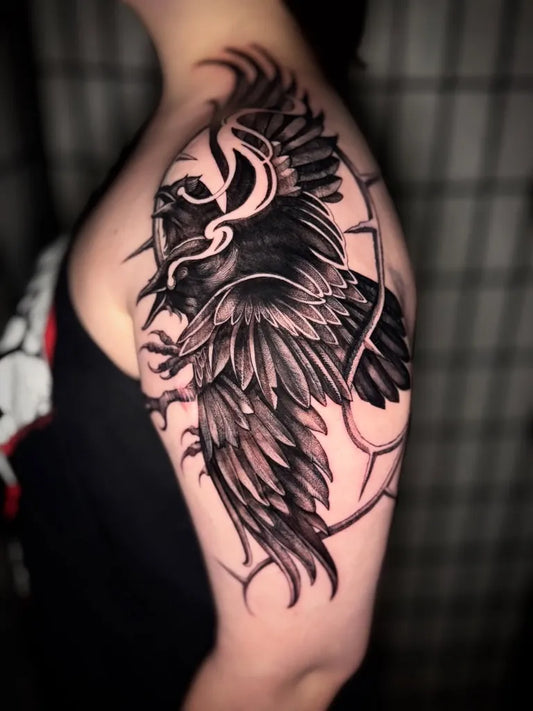 Big Black and Grey Raven with Thorns on Women Shoulder Tattoo by @jamycarlton_