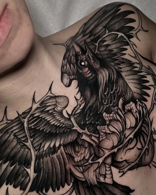 Big Black and Grey Raven with Thorns on Women Shoulder Tattoo by @roxhell_ttt