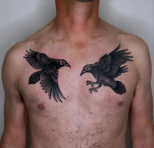 Big Black and Grey Ravens on Men Chest Tattoo by @zerotattoos