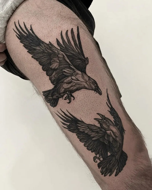Big Black and Grey Ravens on Men Thigh Tattoo by @yongha_blk