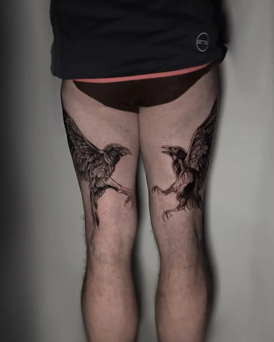 Big Black and Grey Ravens on Men Thighs Tattoo by @inksil