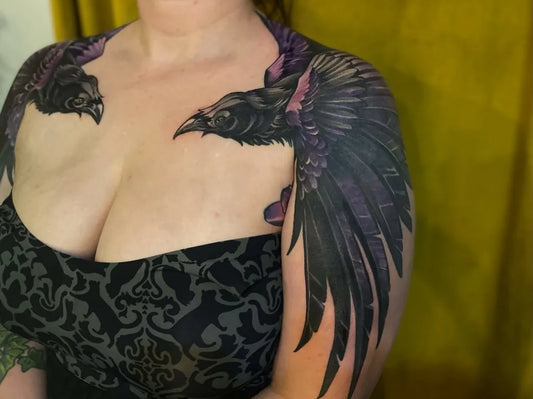 Big Black and Grey Ravens on Women Shoulder Tattoo by @lindsayrae.art