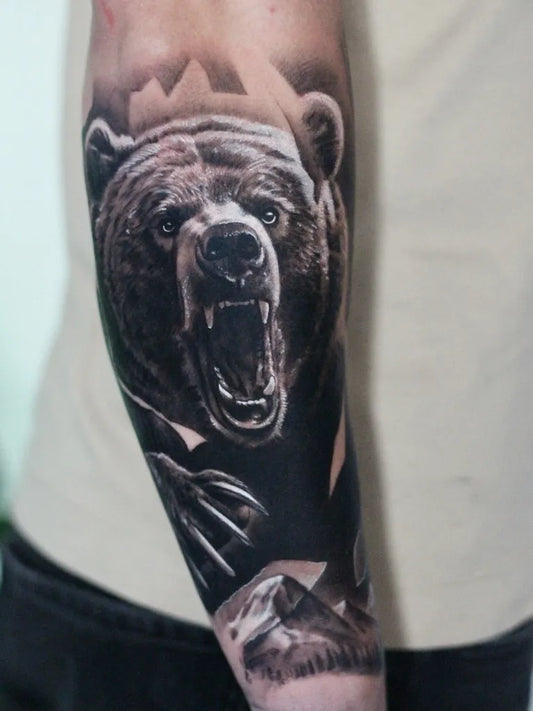 Big Black and Grey Realism Bear on Men Arm Tattoo by @filkorcek