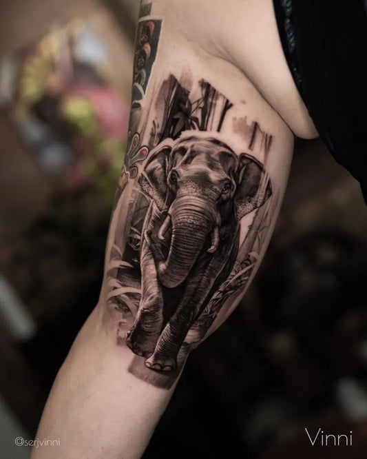 Big Black and Grey Realism Elephant in Forest Women Upper Arm by @serjvinni