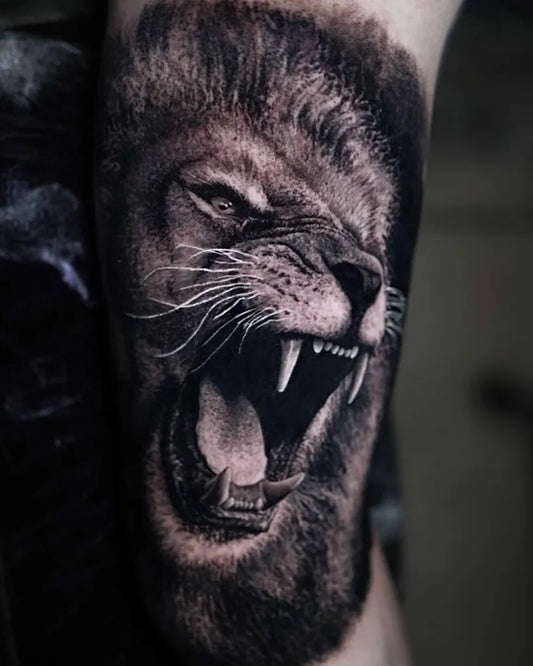 Big Black and Grey Realism Lion on Men Arm Tattoo by @holy__leo