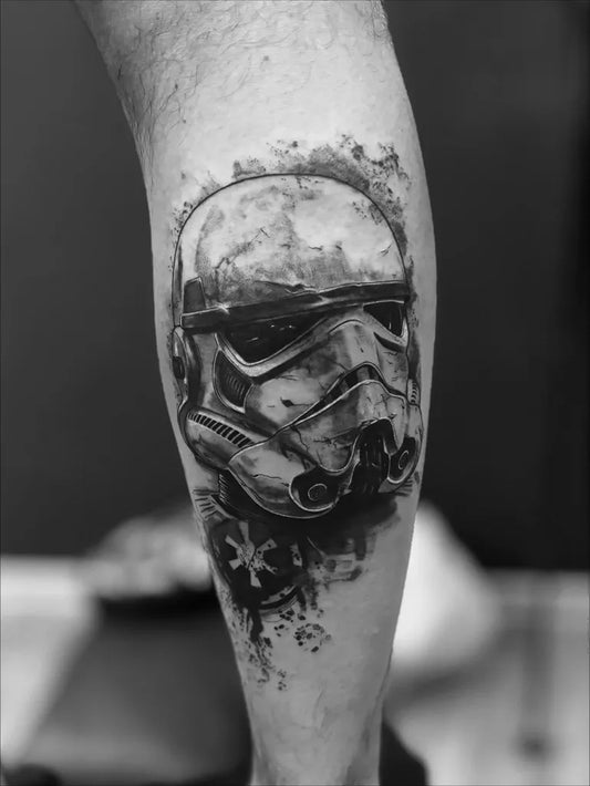 Big Black and Grey Realism Star Wars Stormtrooper Helmet Tattoo on Men Leg by @joseph_dossa_ink
