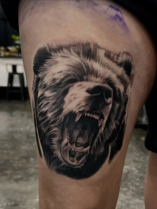 Big Black and Grey Roaring Bear Head Tattoo on Men Thigh by @cginks