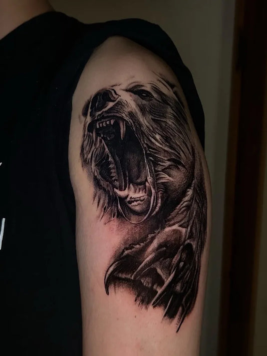 Big Black and Grey Roaring Bear on Men Shoulder Tattoo by @stan__tattoos