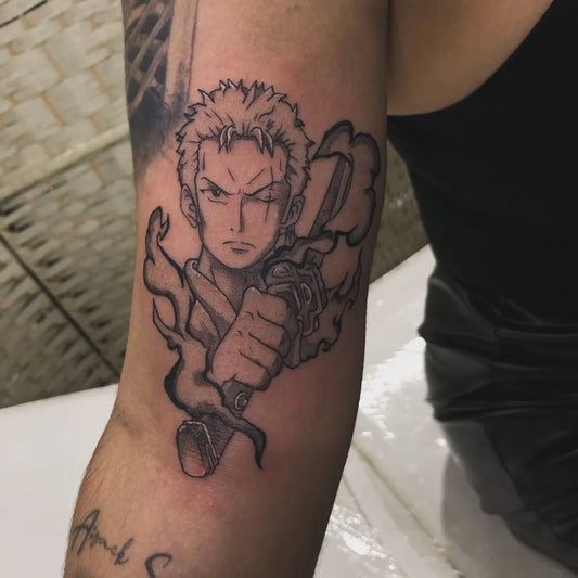 Big Black and Grey Roronoa Zoro on Men Arm Tattoo by @teddystudio_