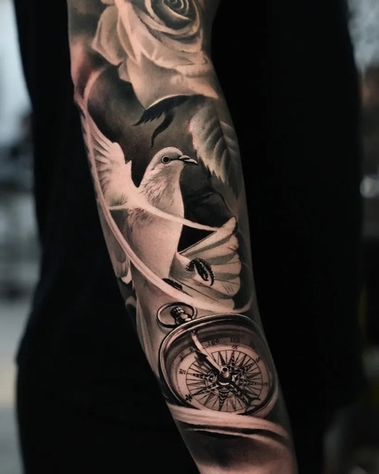 Big Black and Grey Rose Dove Compass Tattoo on Men Arm by @silas_balaio
