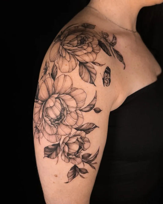 Big Black and Grey Roses and Butterfly Tattoo on Women Shoulder by @thesingingfinch