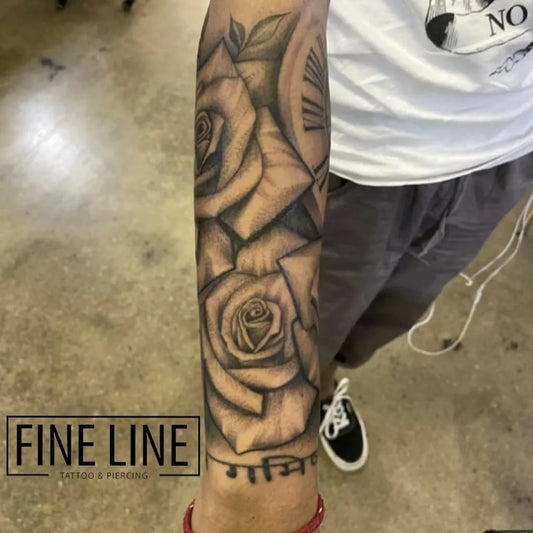 Big Black and Grey Roses and Clock Tattoo on Men Arm by @finelinetattooandpiercing