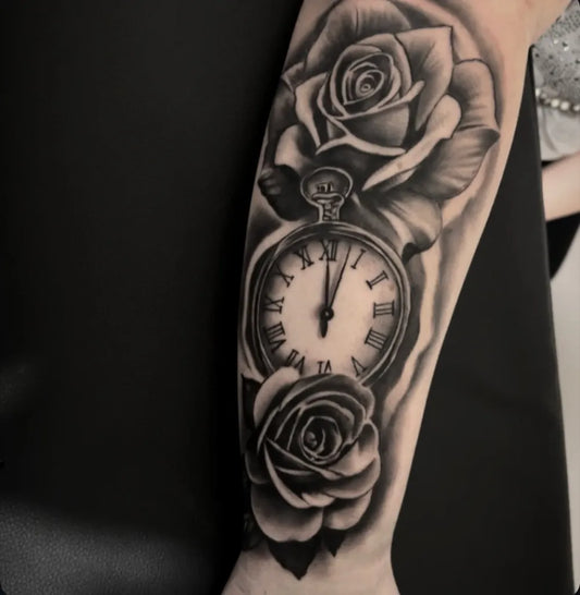 Big Black and Grey Roses and Clock Tattoo on Women Arm by @darek_zarebski_tattoo