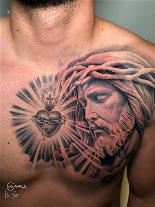 Big Black and Grey Sacred Heart Jesus Tattoo on Men Chest by @zamartattoos