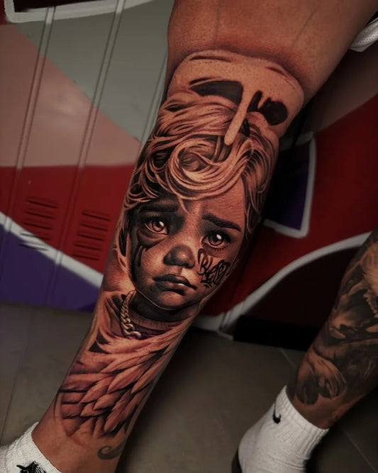 Big Black and Grey Sad Angel Girl with Wings Tattoo on Men Leg by @alexwarhs