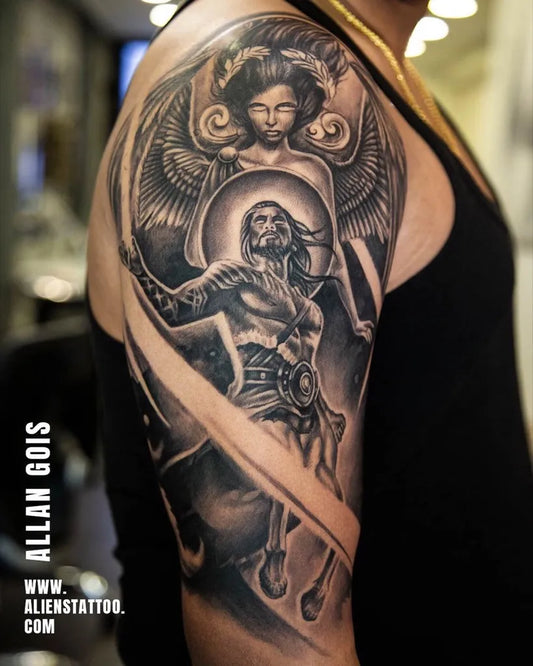 Big Black and Grey Sagittarius Archer Tattoo on Men Arm by @alienstattooindia
