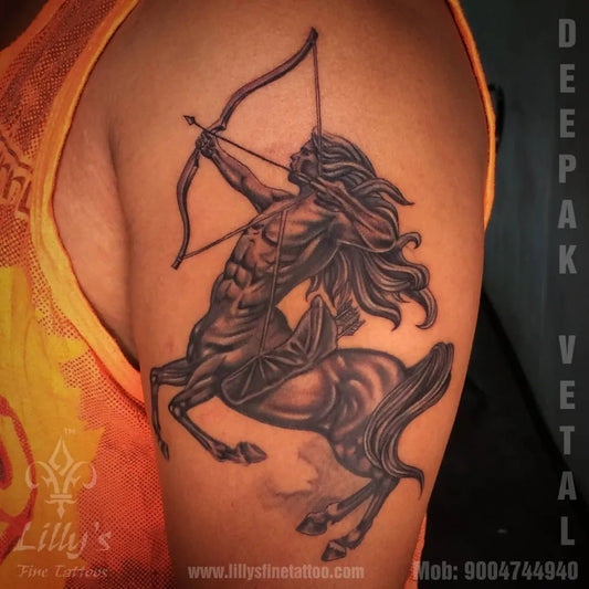 Big Black and Grey Sagittarius Centaur Tattoo on Men Shoulder by @lillysfinetattoo