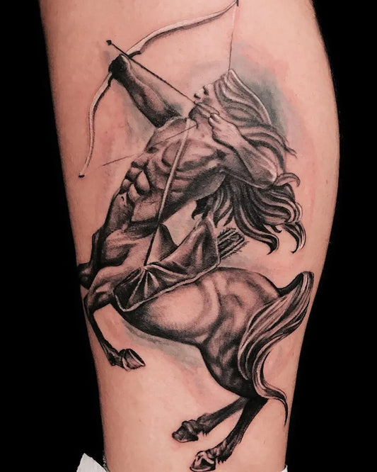 Big Black and Grey Sagittarius Centaur Tattoo on Men Thigh by @jovinotattoo