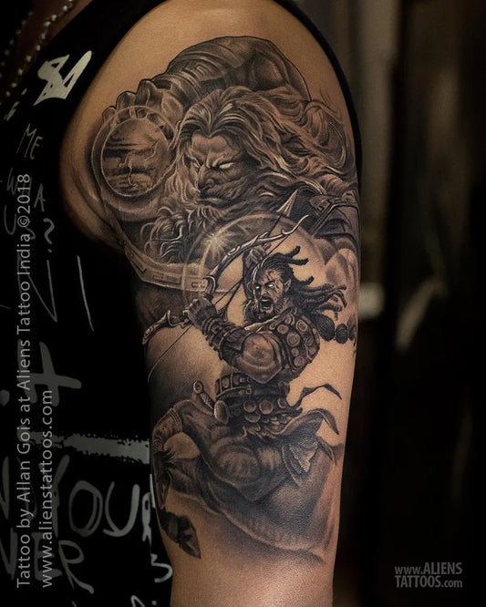 Big Black and Grey Sagittarius Warrior Tattoo on Men Shoulder by @alienstattooindia