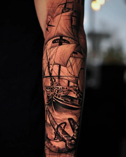 Big Black and Grey Sailing Ship Nautical Tattoo on Men Arm by @davidosoriotattoo
