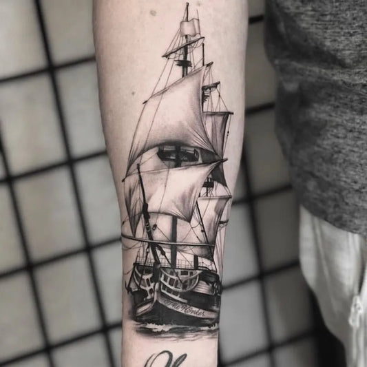 Big Black and Grey Sailing Ship Nautical Tattoo on Men Arm by @truetattoolondon
