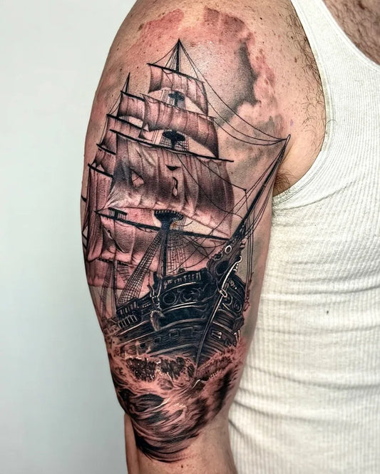 Big Black and Grey Sailing Ship Tattoo on Men Arm by @cisco.tattss