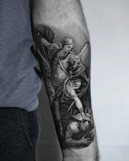 Big Black and Grey Saint Michael Defeating Dragon Tattoo on Men Arm by @felix_tattoo_