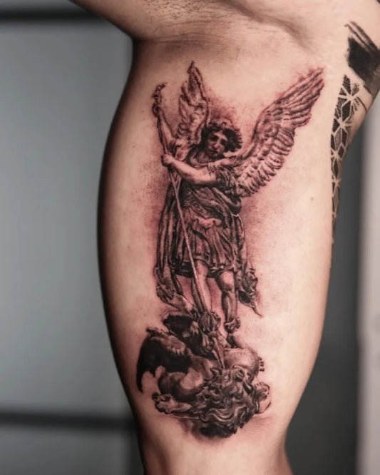 Big Black and Grey Saint Michael Slaying Dragon Tattoo on Men Inner Arm by @6arry
