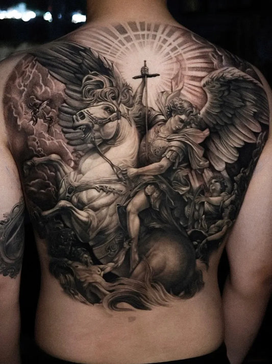 Big Black and Grey Saint Michael slaying Dragon on Men Back Tattoo by @linyurentattoo