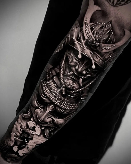 Big Black and Grey Samurai Armor and Mask Tattoo on Men Arm by @rm.tattoo.roger