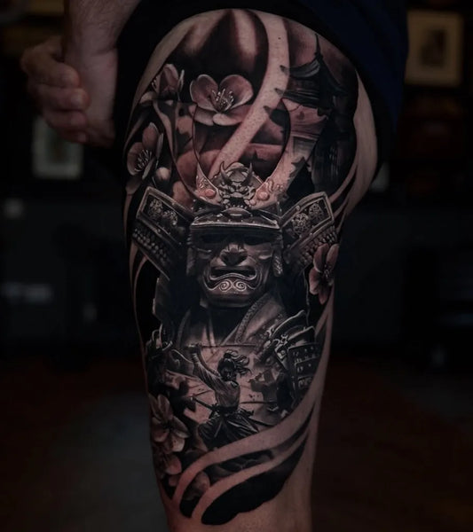 Big Black and Grey Samurai Cherry Blossom Armor Tattoo on Men Thigh by @littlenicktattoo