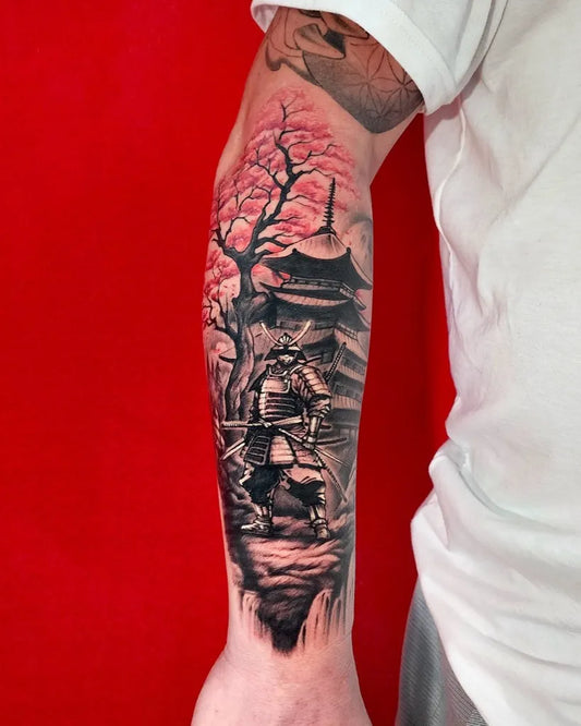 Big Black and Grey Samurai Cherry Blossom Tree Pagoda Tattoo on Men Arm by @dragoncityink.danang
